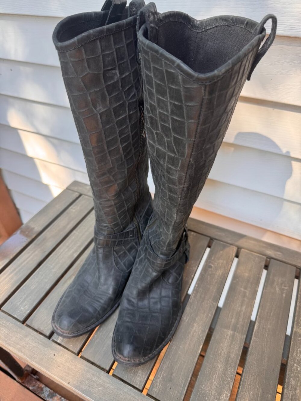 Børn Tall Black Croc Embossed Leather Harness Boots | Women's Size 9.5 (EU 41) - Picture 2 of 8